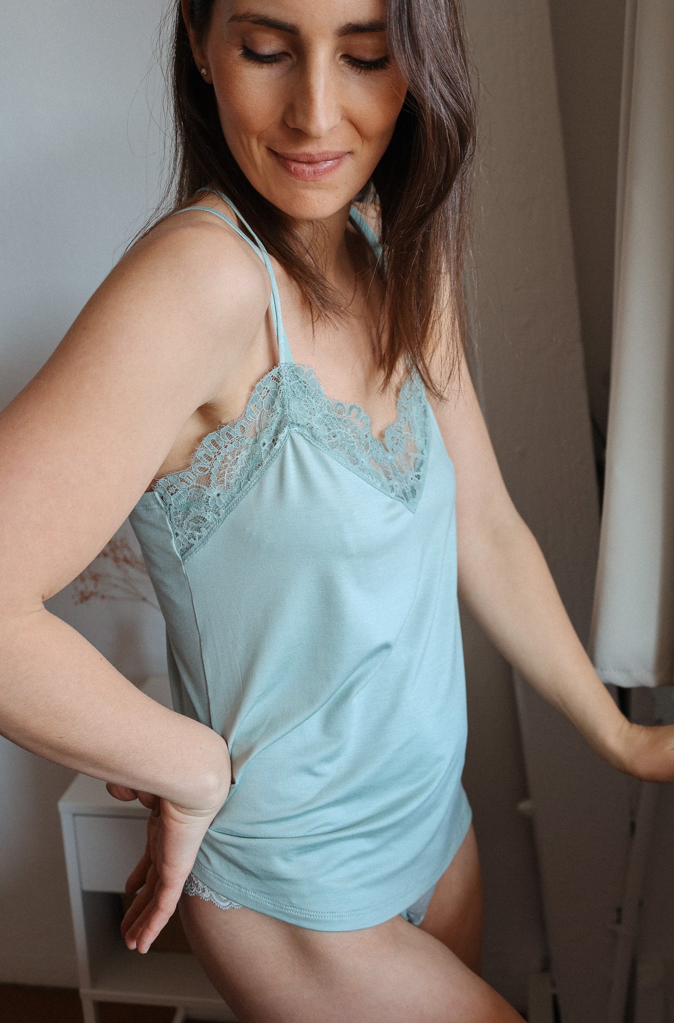 Oberteil Coco Malou hellblau Camisole türkis mint Spitze Tencel Lyocell